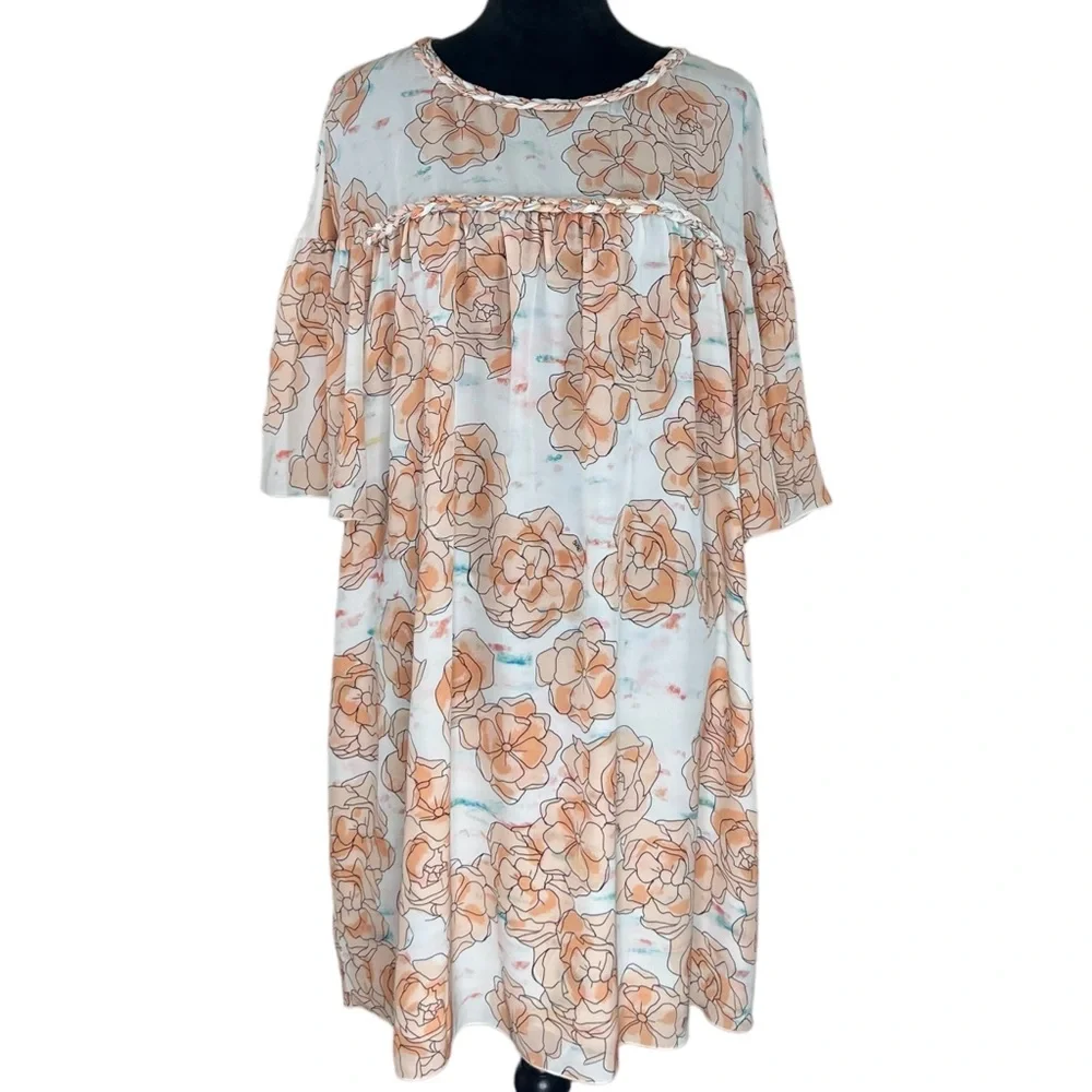 DYVNA Silk Watercolor Floral Print Short Sleeve Shift Dress Size 12 Dainty Flowy - Picture 2 of 16